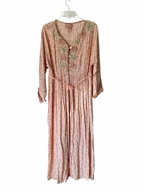 April Cornell Vintage Embroidered Peach Ditsy Floral MIDI Button Down Dress Med